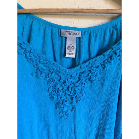 Catherines 2X Blue Gauzy Brushed Cotton V-Neck Short Sleeve Top - Picture 3 of 5